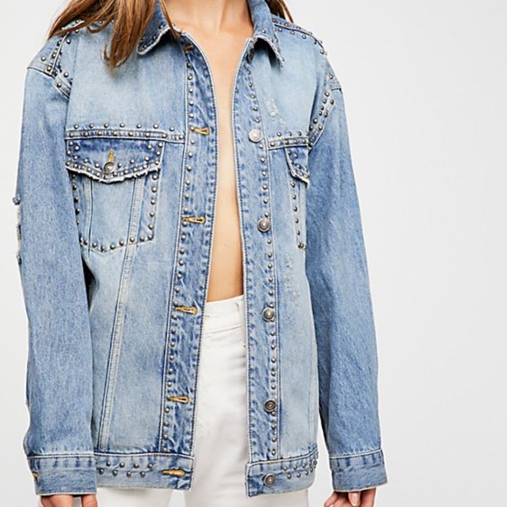 Free People Studded Denim Trucker Jacket in Blue.
